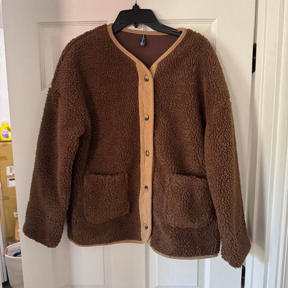 Pretty Garden brown fuzzy cardigan with beige trim & a button up front- Size S